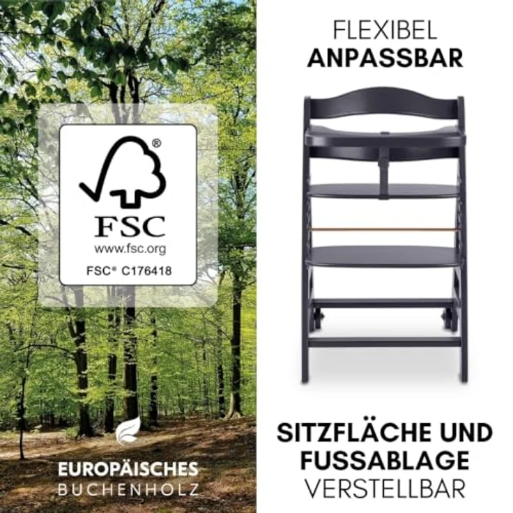 hauck Beta+ Hochstuhl Newborn Set mit Deluxe Bouncer - Dark Grey | Mitwachsender Holz Kinderhochstuhl mit Rollen ab Geburt bis 90 kg | inkl. Neugeborenenaufsatz, Essbrett & Sitzkissen – Bild 7