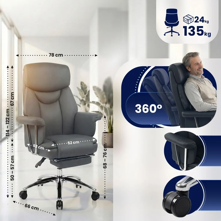 CLP Bürostuhl Dahra Echtleder mit Fußablage höhenverstellbar 360° drehbar,grau – Bild 2