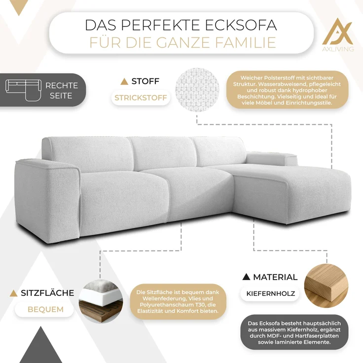 AX LIVING Couch Sofa L Form Didim mini Perlweiß 310 cm stilvoll R – Bild 5