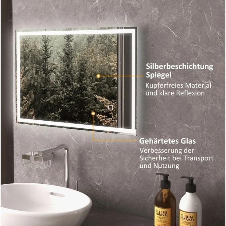 LED-Badezimmerspiegel mit Touch-Steuerung und Antibeschlagfunktion, 50x70x4 cm, Silber – Bild 6