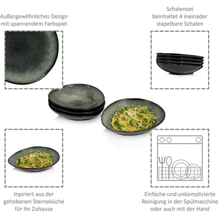 SÄNGER Pastateller Kopenhagen, (4 St), Grün Grau, Steingut, Handmade, 1L, Premium Collection – Bild 2