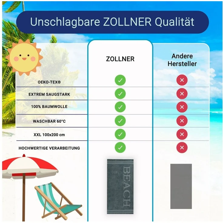 ZOLLNER Strandtuch, Mikrofaser (1-St), 100 x 200 cm, 100% Baumwolle – Bild 3