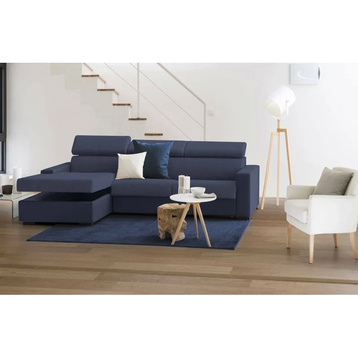 Dmora Sofa mit Halbinsel Aryaly, Stoffsofa, Chaiselongue mit linkem Container, schmale Armlehnen, 100 % Made in Italy, 260 x 95 x 85 cm, Blau – Bild 4