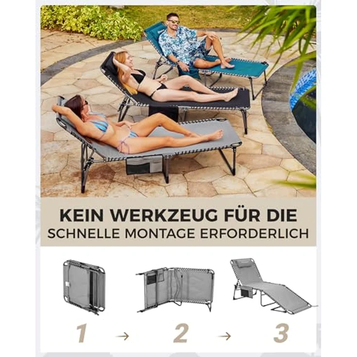 KingCamp Übergroße Sonnenliege Klappbar 5-Fach Verstellbar Gartenliege Liegestuhl Dreibeinliege Liege Campingliege mit Kopfkissen und Seitentasche bis 150 kg für Garten Urlaub Strand Pool 200x68 cm – Bild 10