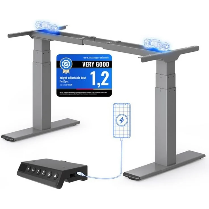 FLEXISPOT Schreibtisch Elektrisch höhenverstellbares Tischgestell E6 (2 Motore, 3-Fach-Teleskop, 4 Speicherplätze, höhenverstellbar von 60–125 cm, Geschwindigkeit 40 mm/s), Kollisionschutz Funktion, USB Ladeanschluss, MAX Load: 200KG – Bild 4