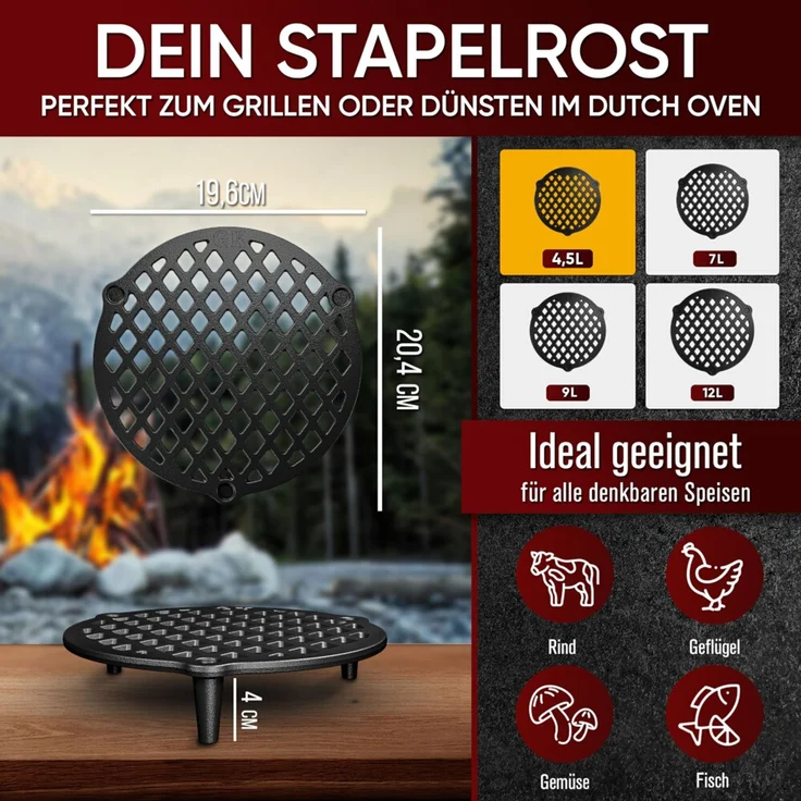 Stapelrost für 4,5 l Dutch Oven – Gusseisen Grillrost mit Füßen, Erhöhungsrost zum Grillen & Dünsten im Feuertopf – Bild 2