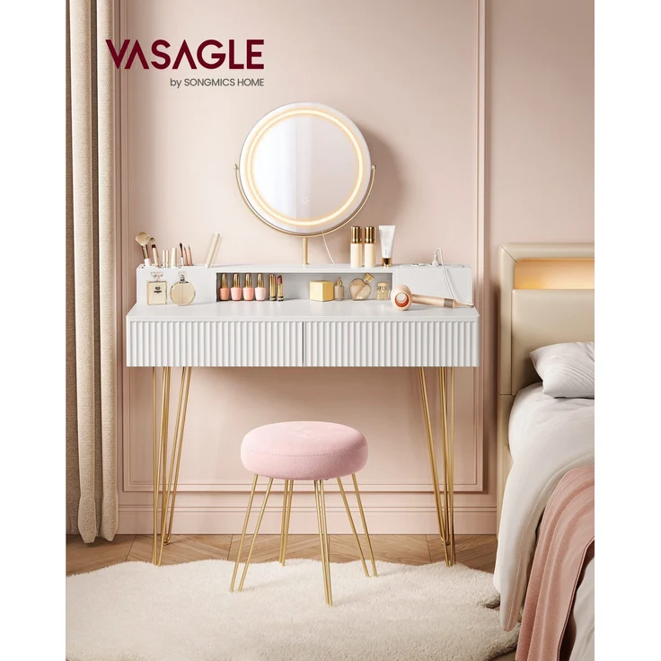 Vasagle Schminktisch mit LED-Beleuchtung, Hocker & Steckdosenleiste, Holzspanplatte weiß / pink / gold, 100 x 40 x 134,8 cm – Bild 1