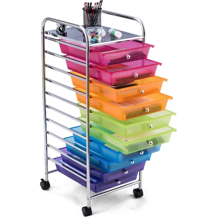 DREAMADE Rollwagen Schublade, Rollschrank Rollcontainer mit Schublade 10 Fächern, Haushaltswagen auf Roll, Badtrolley, Farbewahl, Metall, PP (Farbig)