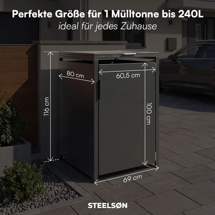 STEELSØN 'Thoria' Mülltonnenbox 1er je 240 Liter, graphitschwarz, Mülltonnenverkleidung aus Stahl, wetterfest, 116x80x69 cm, Müllbox für 1 Tonne – Bild 8