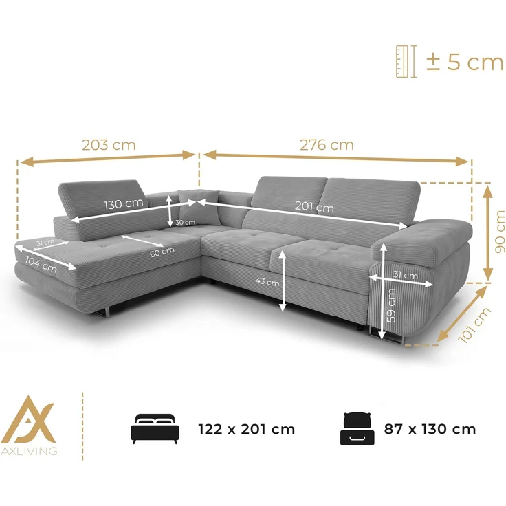 AX LIVING Konak Cord-Schlafsofa L in Beige 276 cm breit, Bettkasten, Kopfstützen – Bild 8