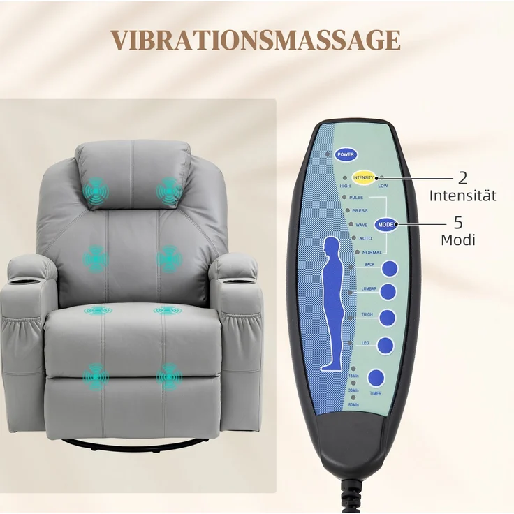 Massagesessel mit 8 Vibrationspunkten, Liegefunktion bis 135°, 99x89x106 cm, Grau – Bild 5