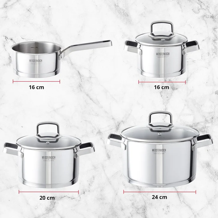 MEISTERKOCH Kochtopf Set komplett aus Edelstahl 4-teilig mit 16cm, 20cm, 24cm Ø Topf & 16cm Soßentopf mit Stiel, Glasdeckel mit Dampfloch, geeignet für Herdarten Induktion, Gas, Elektro & Glaskeramik – Bild 5