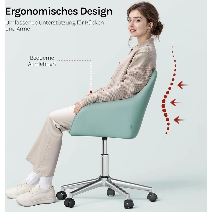 WOLTU Homeoffice Stuhl, Schreibtischstuhl, Drehstuhl, Schminkstuhl, höhenverstellbar, bis 150 kg belastbar, mit Armlehnen Samtsitz, für Schlafzimmer Büro Wohnzimmer, Türkis BS145ts – Bild 5
