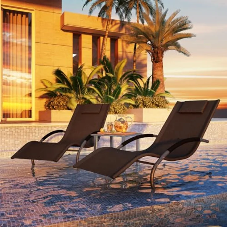 GarveeHome 3-Teiliges Outdoor-Lounge-Set Mit 2 Liegen Und 1 Couchtisch, Textilene-Schaukelstuhl Mit Gebogenem Metallrahmen, Liegestuhl Mit Kissen, Für Poolbereich, Terrasse Und Garten – Bild 8