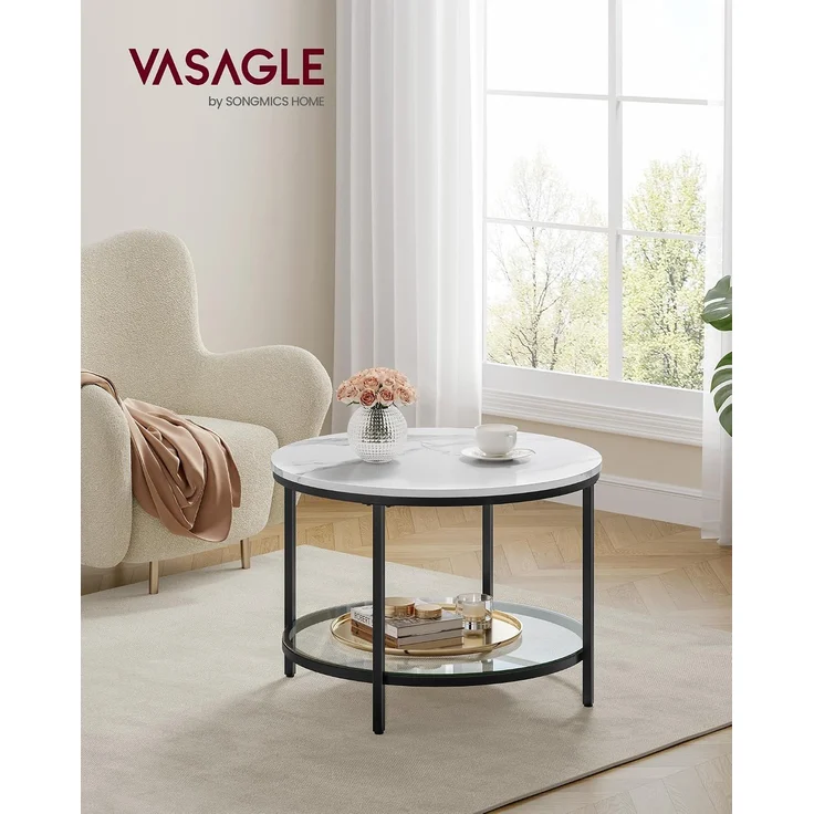 Vasagle Couchtisch mit Glasplatte, Holz / Stahl, Marmorweiß-Tintenschwarz, Ø 65x46 cm – Bild 2