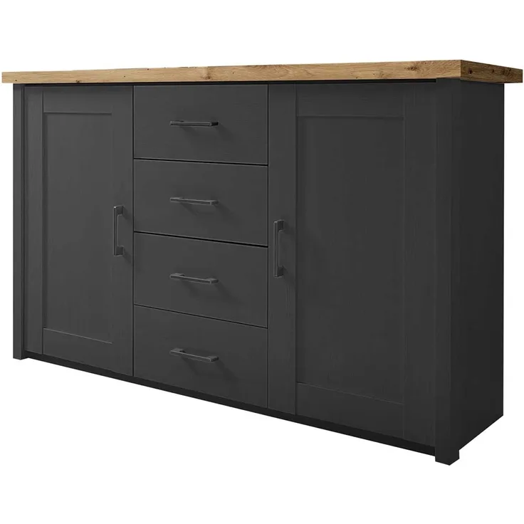 Kommode Latina / Locarno, Holzwerkstoff, Schwarz, Holzfarben, 150 x 90 x 42 cm