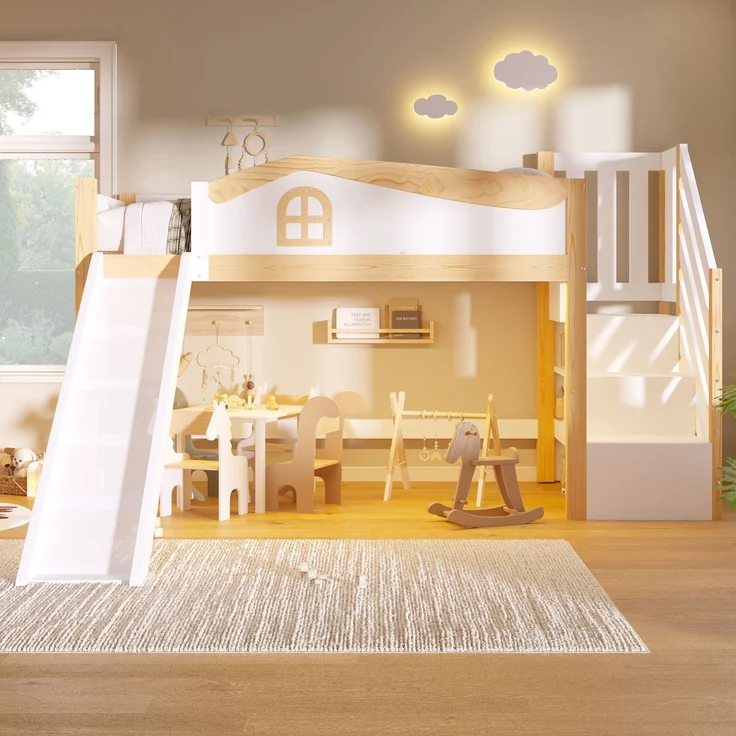 Halbhohes Bett, 90x200cm, Sicherheitsgeländer, Stauraumleiter, Rutsche, mit LED-Lichtleiste, Weiß – Bild 4