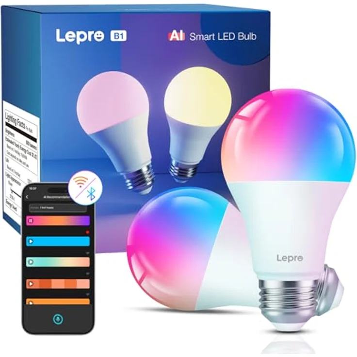 Lepro AI Smart Glühbirne B1, E27 Lampe 8.5W 806lm Dimmbar, Personalisierter KI-Lichtdesigner, Sprachsteuerung/Musik Sync, WiFi & Bluetooth Smart Bulb, Kompatibel mit Alexa/Google Assistant, 2 Stück – Bild 2