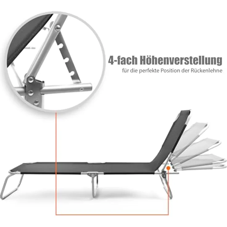 BigDean Sonnenliege klappbar 150 kg belastbar mit 4-Fach Verstellbarer Rückenlehne – hochwertige Gartenliege für Balkon, Garten & Strand - schwarz – Bild 5