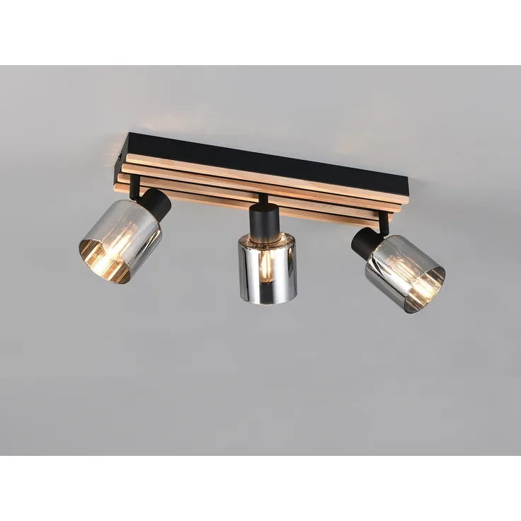 Deckenstrahler TRAVIA 3-flammig, Rauchglas Schwarz & Holzlamellen, Breite 52,5cm