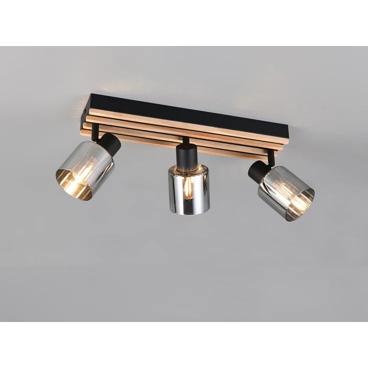 Deckenstrahler TRAVIA 3-flammig, Rauchglas Schwarz & Holzlamellen, Breite 52,5cm – Bild 1