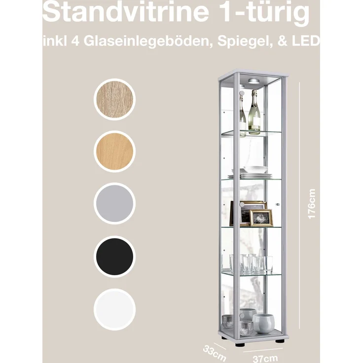 K-Mbel Standvitrine (176x37x33cm) - Made in Germany - Vitrinenschrank Silber / Alu mit 4 hhenverstellbaren Glasbden, Spiegel & LED - Glasvitrine Stehend - Vitrine Glas - Display Cabinet – Bild 3