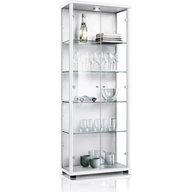 K-Möbel Glasvitrine in Weiss (176 x 67 x 33 cm) mit 4 höhenverstellbaren Glasböden aus ESG; beleuchtet; perfekt für Sammler;