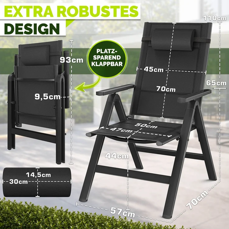 tillvex Gartenstuhl mit Polster Premium 1 Stück Schwarz klappbar aus Aluminium | Hochlehner mit Armlehnen | Klappstuhl verstellbar | Klappsessel Balkon Garten Terrasse – Bild 2