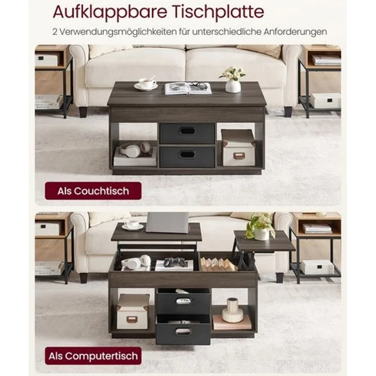 Vasagle Couchtisch, höhenverstellbarer Wohnzimmertisch, 2 Schubladen und versteckte Fächer, Kaffeetisch, offene Fächer, für Wohnzimmer, Homeoffice, aschbraun – Bild 3