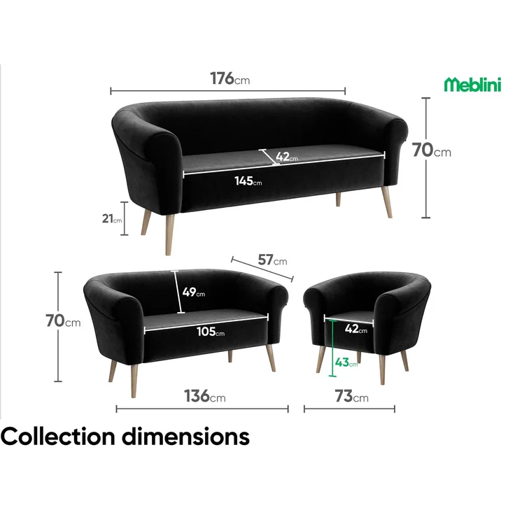 MEBLINI Mini Sofa Set 2-1 für Wohnzimmer - Mini Lounge für drei Personen - Küchensofa - Sofa Klein - Sitzgarnitur - Polstergarnitur - Sofagarnituren - EMILIA - 2+1 - Schwarz Samt – Bild 7