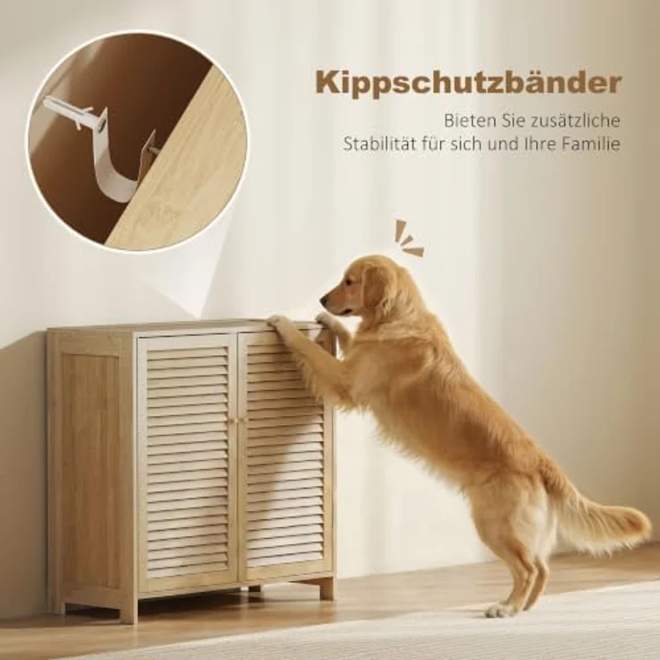 HOMCOM Schuhschrank Bambus, für ca. 14 Paar Schuhe, 3 verstellbare Einlegeböden, Lamellentüren, Natur – Bild 8