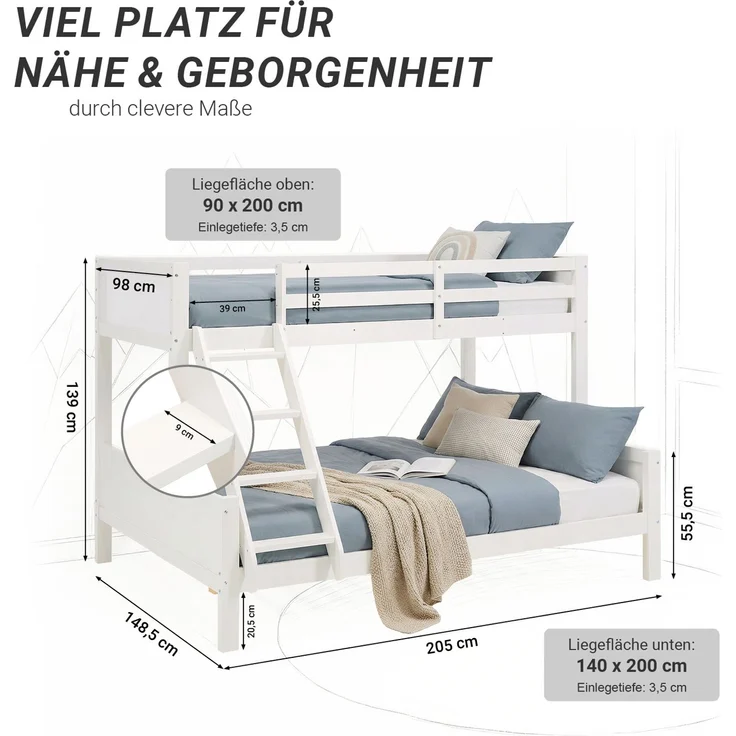 Etagenbett 90x200 und 140x200 mit Matratzen Kinder Jugendbett Hochbett Weiß Holz inklusive Matratzen – Bild 3