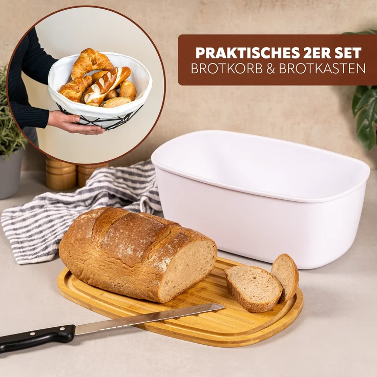 2tlg. Brotaufbewahrungs-Set - Brotkasten und Brotkorb (Kunststoff/Metall, weiß) – Bild 2