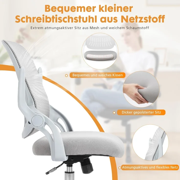 DUMOS Bürostuhl Ergonomisch, Schreibtischstuhl mit Lendenwirbelstütze, Verstellbaren Armlehnen Drehstuhl, Höhenverstellbarer Office Chair, Bürostühle Geeignet für Büro und Schlafzimmer (Grau) – Bild 3