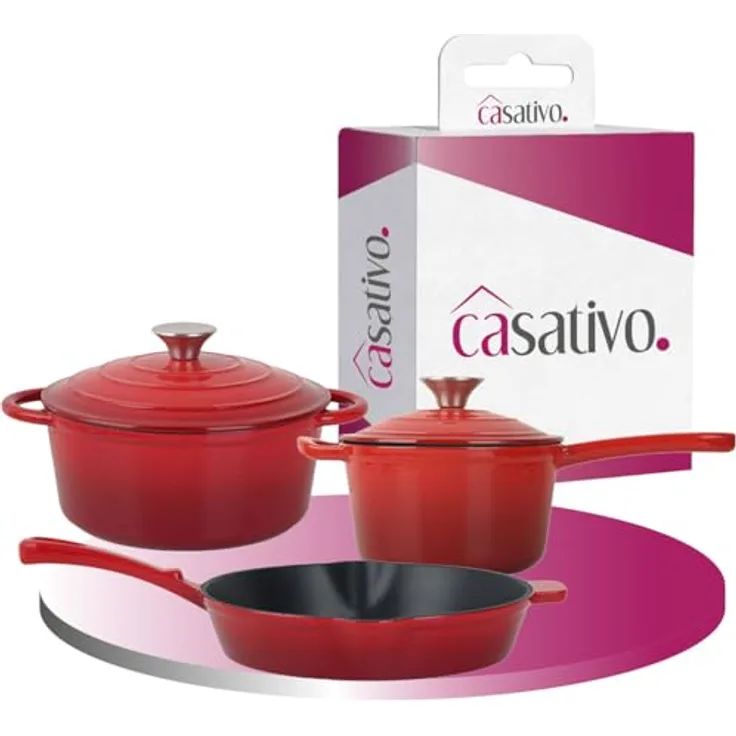 Casativo Gusseisen Topf-Set, 3-teilig, rot, geeignet für alle Herdarten und Backofen, perfekte Wärmeverteilung