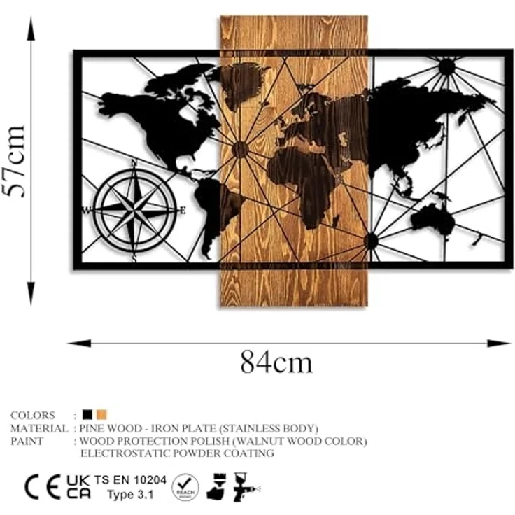 Wallity 'World Map 3-M' Dekoratives Wandaccessoire aus Holz, Walnuss / Schwarz, 84 x 57 cm – Bild 6