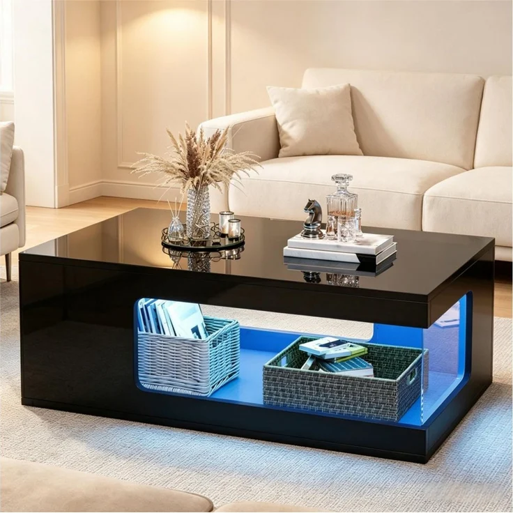 OKWISH Couchtisch Wohnzimmer-Couchtisch aus Spanplatte, Teetisch (Packung, 1-St, 50 x 100 x 35 cm, Schwarz), Hochglanz, LED-Lichtleiste – Bild 3