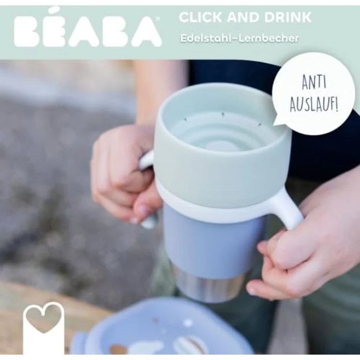 Béaba, Edelstahl-Lernbecher Click & Drink – 360°-Becher ohne Ventil, auslaufsicher, kippsicher, mitwachsend, 1-Klick-Öffnung, Baby- und Kinderbecher, 240 ml, Kiesel – Bild 2