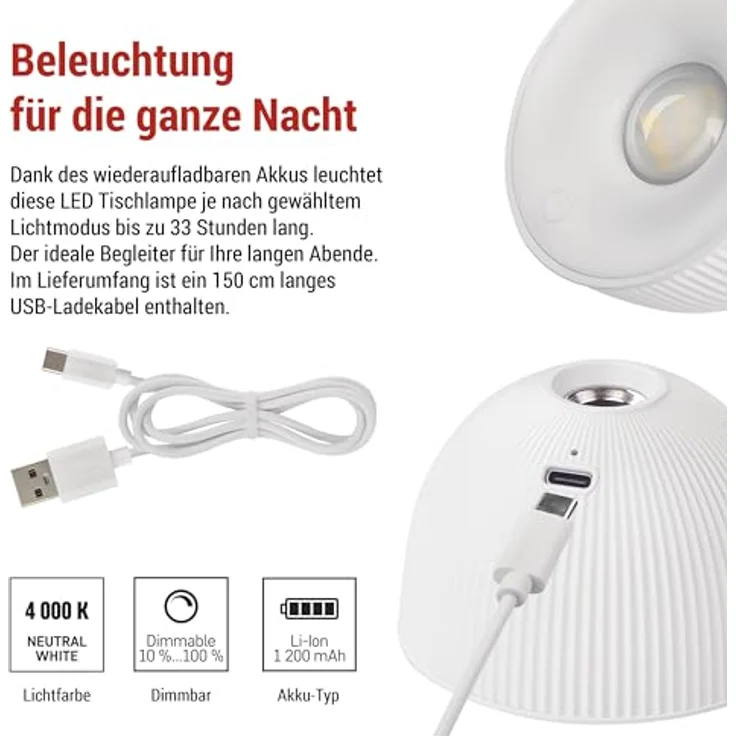 EMOS LED Akku-Tischlampe SOPHIE 4in1, 4,2W, 200lm, 1200mAh Li-Ion Akku mit 33h Leuchtdauer, dimmbar, neutralweiß, weiß, Z7635W – Bild 3