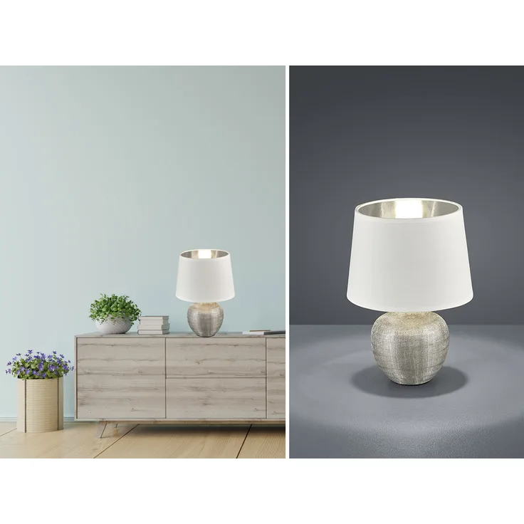 LED Tischleuchte Keramik mit Stoffschirm Weiß innen Silber, Höhe 26cm