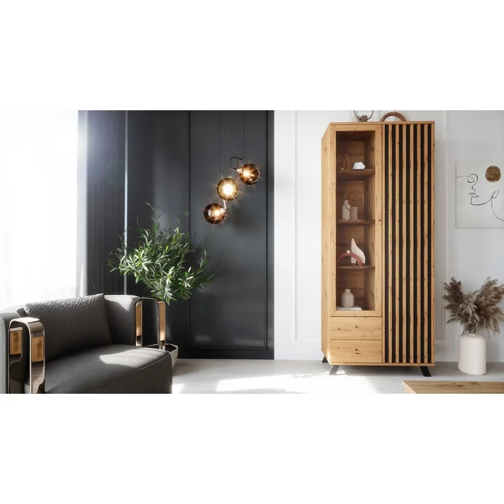 Newroom Vitrine Barea Wandpaneel Wildeiche Anthrazit Modern Vitrinenschrank Glasvitrine – Bild 3