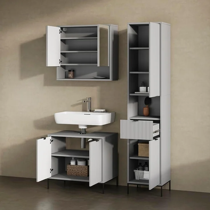 Livinity® Badmöbel-Set ATERNO, Grau, 3 Teile, mit Hochschrank – Bild 5
