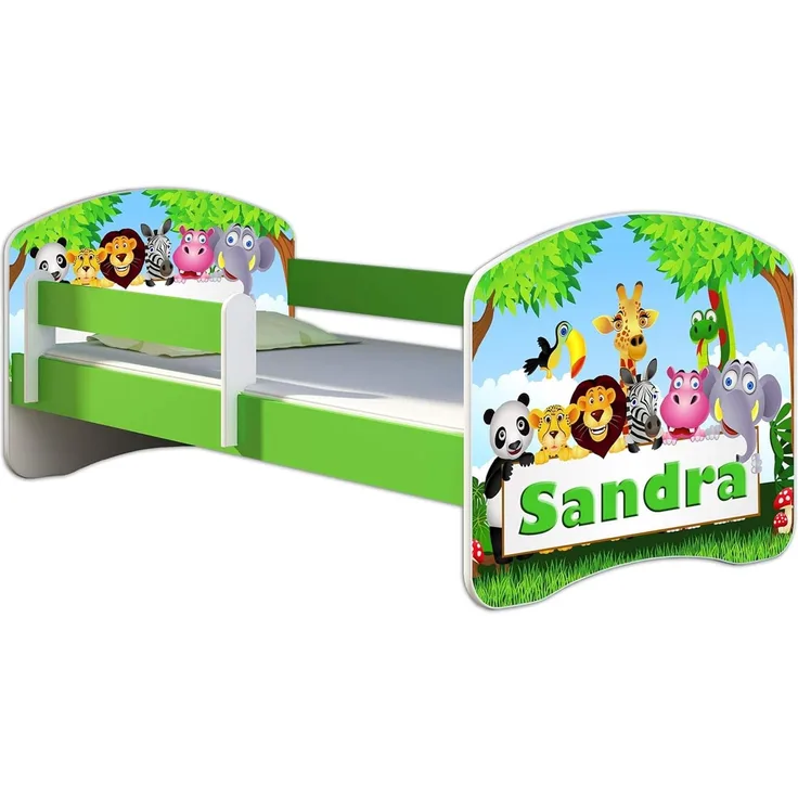 ACMA Kinderbett Jugendbett mit Einer Schublade und Matratze Grün mit Rausfallschutz Lattenrost II 140x70 160x80 180x80 (01 Zoo name, 160x80)