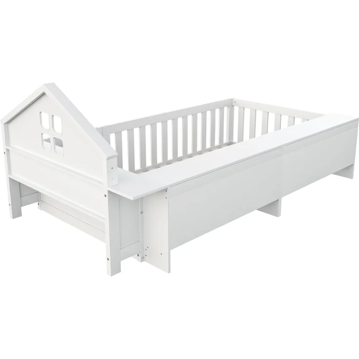 Kinder Hausbett aus Massivholz mit Stauraum, Sicherheitsgeländer & kleiner Tür,mit Dachdesign, Fensteroptik & Regalfächern,Weiß – Bild 8