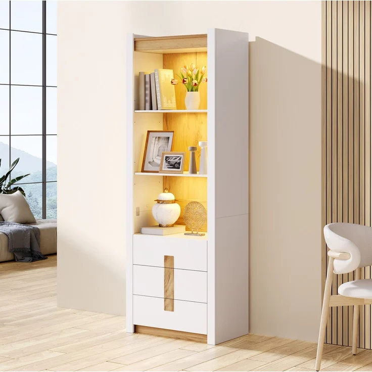 Vitrinenschrank 63 x 41,5 x 200 cm mit Bluetooth-LED und 3 Schubladen, mattweiß – Bild 3