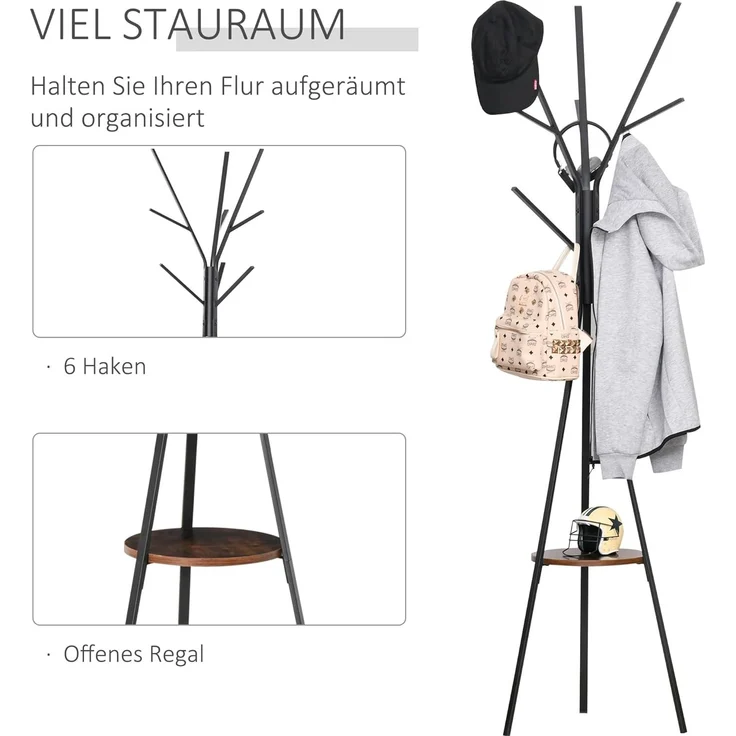 HOMCOM Garderobenständer Standgarderobe mit 8 Kleiderhaken, (Kleiderständer, 1 St, Hutständer), Metall, Braun, 45 x 45 x 180 cm – Bild 3