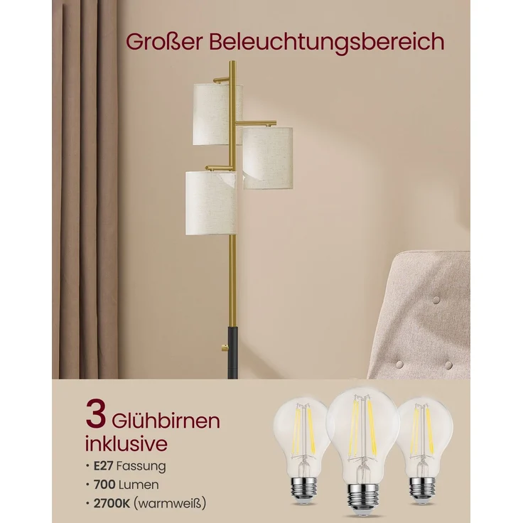 VASAGLE Stehleuchte, Standleuchte, Stehlampe mit 3 Glühbirnen, verstellbare Helligkeit, modern, Lampenschirm aus Stoff, 3 E27 Fassungen, gold-schwarz LFL003B02 – Bild 6