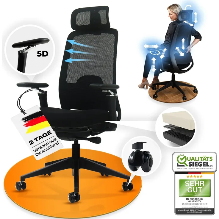 VALKENSTOL M4 Bürostuhl Ergonomisch Testsieger mit 5D Armlehnen und Kopfstütze für maximale Bewegungsfreiheit, Bequeme und Rückenfreundliche Bürostühle, Schreibtischstuhl, Home Office Chair