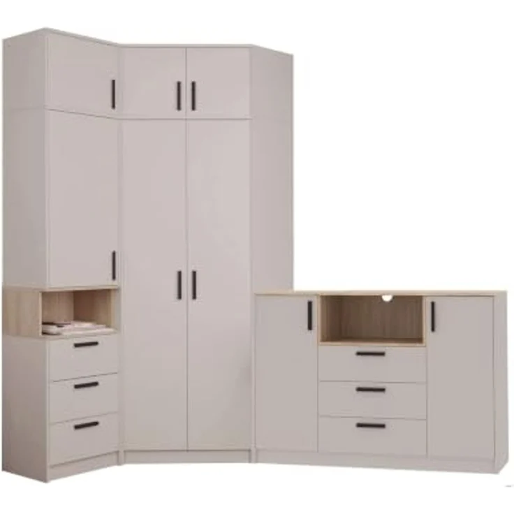 Marmex Möbel Grant Set-39C Eck-Kleiderschrank und Kommode, Schlafzimmer-Set, laminierte Spanplatte, graubeige cashmere+cremona torro 228/91x195x40 cm – Bild 6