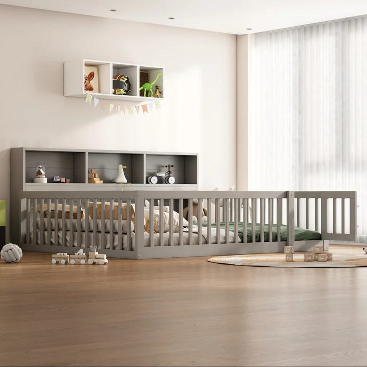 Kinderbett mit Lattenrost und Zaun, 140x200 cm, Rausfallschutz, Stauraum, Regal, Kiefer, grau – Bild 2